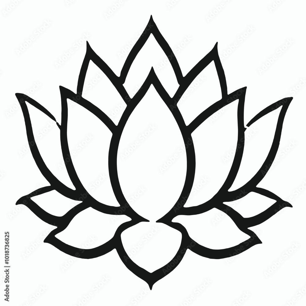 A black and white line drawing of a lotus flower with multiple petals A black and white line drawing of a lotus flower with multiple petals