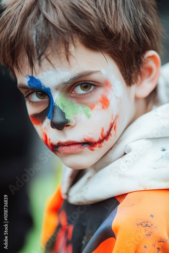 A young boy with brightly colored face paint stares intensely at the camera, ideal for themes like Halloween, festivals, and children's activities, photo