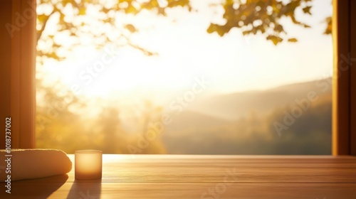 Serene morning light illuminating a peaceful landscape through a window. photo