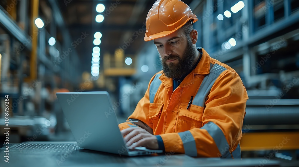 A worker in an orange safety uniform using a laptop in a warehouse environment, showcasing industrial professionalism and focus. A worker in an orange safety uniform using a laptop in a warehouse environment, showcasing industrial professionalism and focus.
