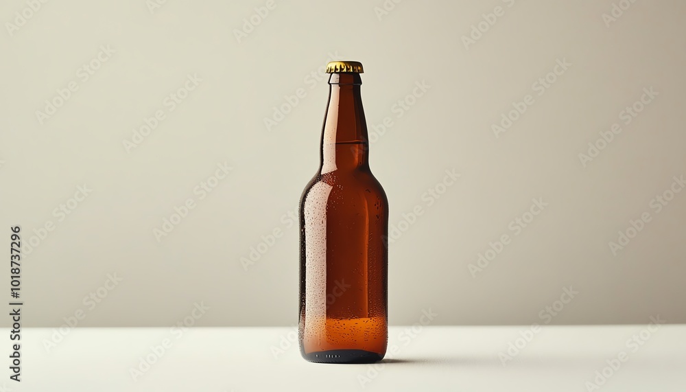 Beer bottle with a minimalist label, standing alone on a soft white surface Beer bottle with a minimalist label, standing alone on a soft white surface
