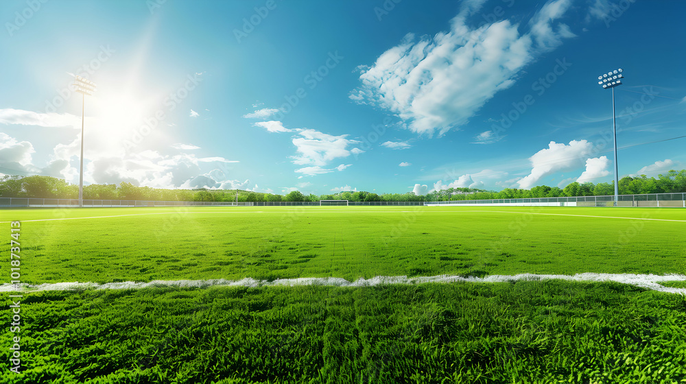 Obraz premium fussballfeld, Soccer Field with Mowed Green Grass in an Empty Stadium Under Blue Sky 