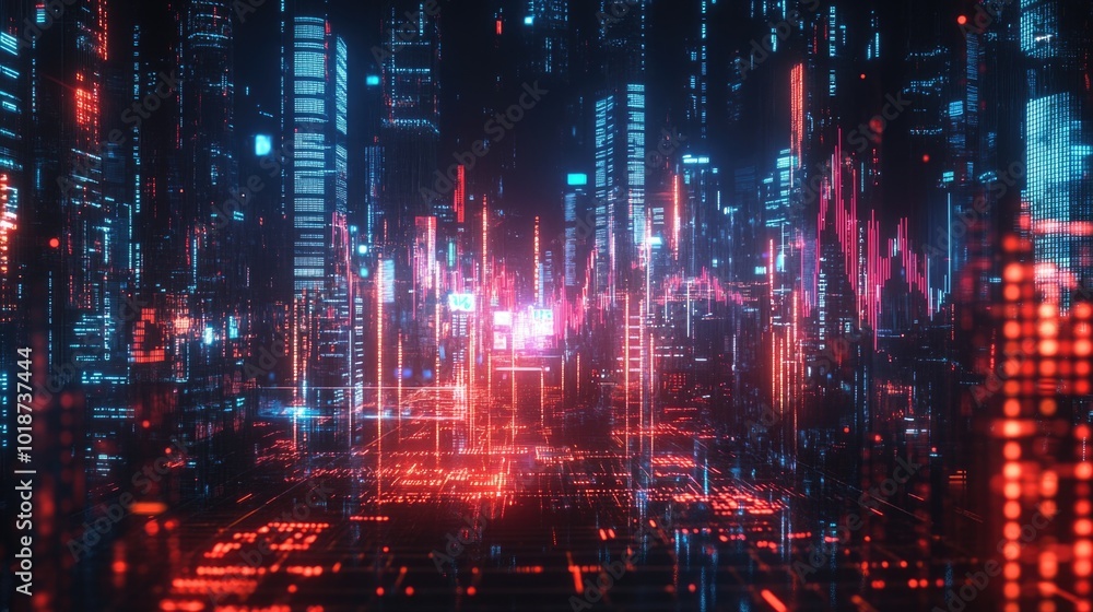 Fototapeta premium A futuristic cityscape with bright red and blue lights at night