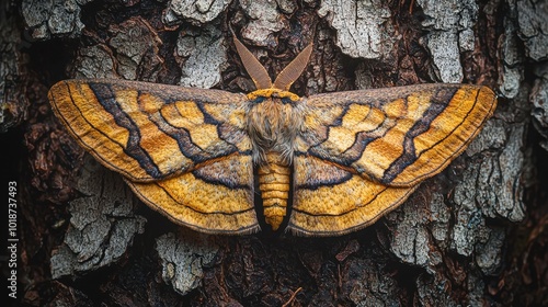 A beautifully patterned moth rests on a textured tree bark, showcasing detailed wings with yellow, orange, and black markings perfect for use in nature-themed projects, educational materials photo