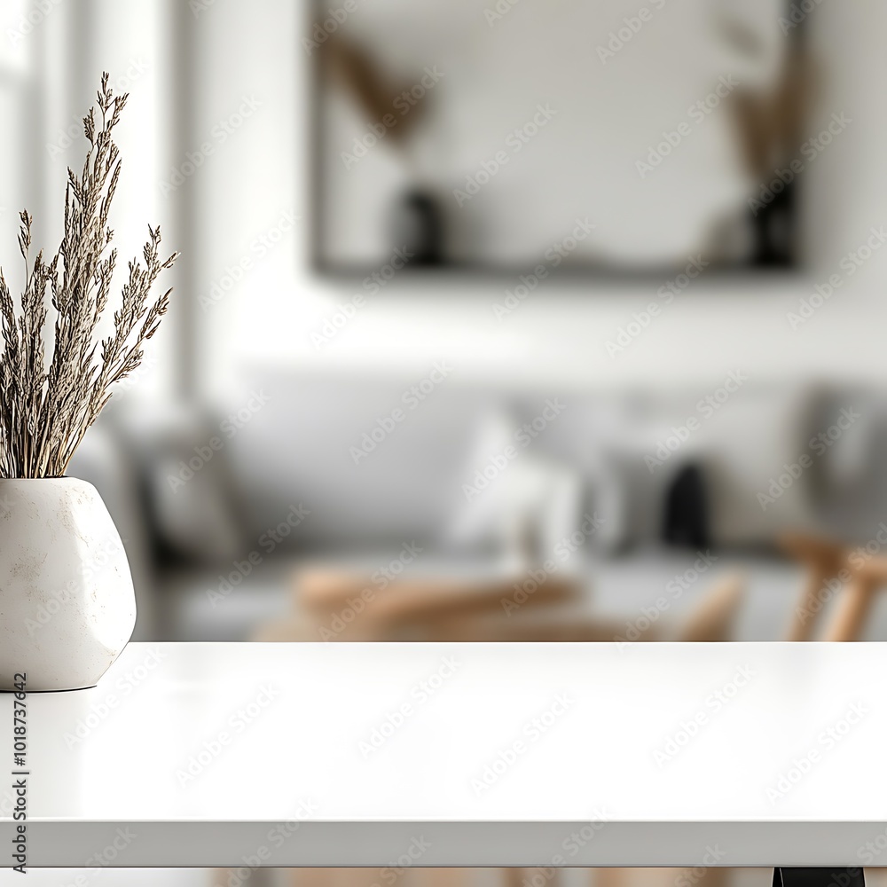 A minimalist living space featuring a vase with dried plants on a white table, creating a serene atmosphere. A minimalist living space featuring a vase with dried plants on a white table, creating a serene atmosphere.