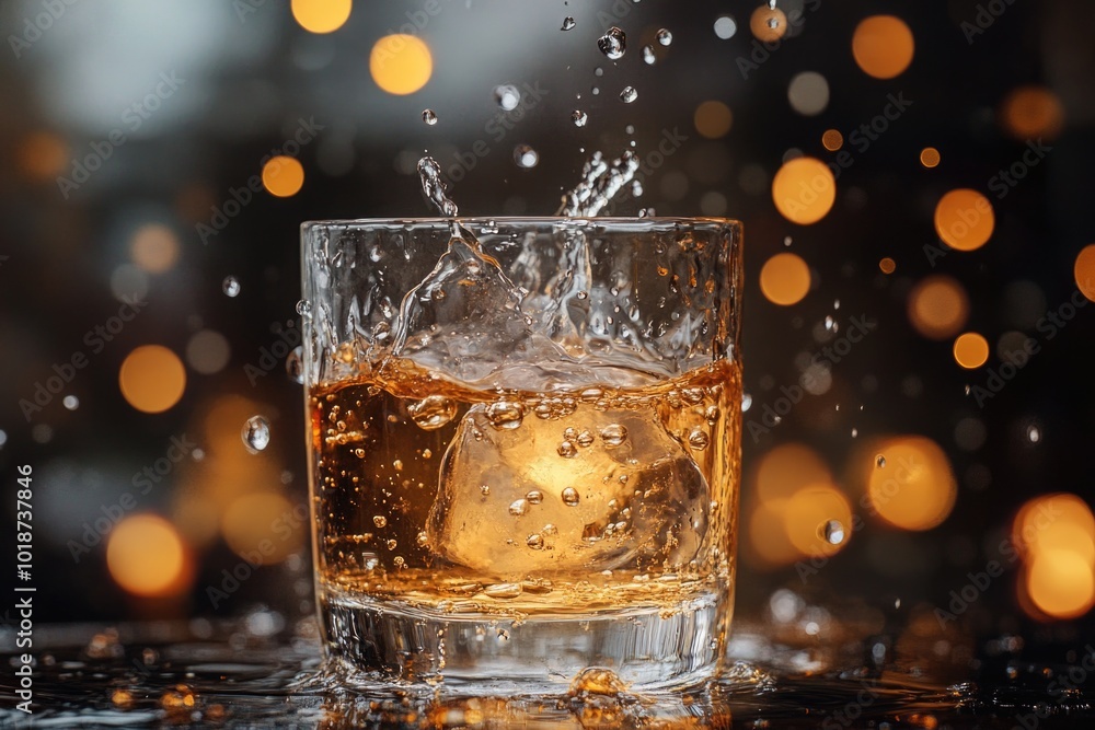 A glass of whiskey with ice cubes on a wooden table, ready to be enjoyed A glass of whiskey with ice cubes on a wooden table, ready to be enjoyed