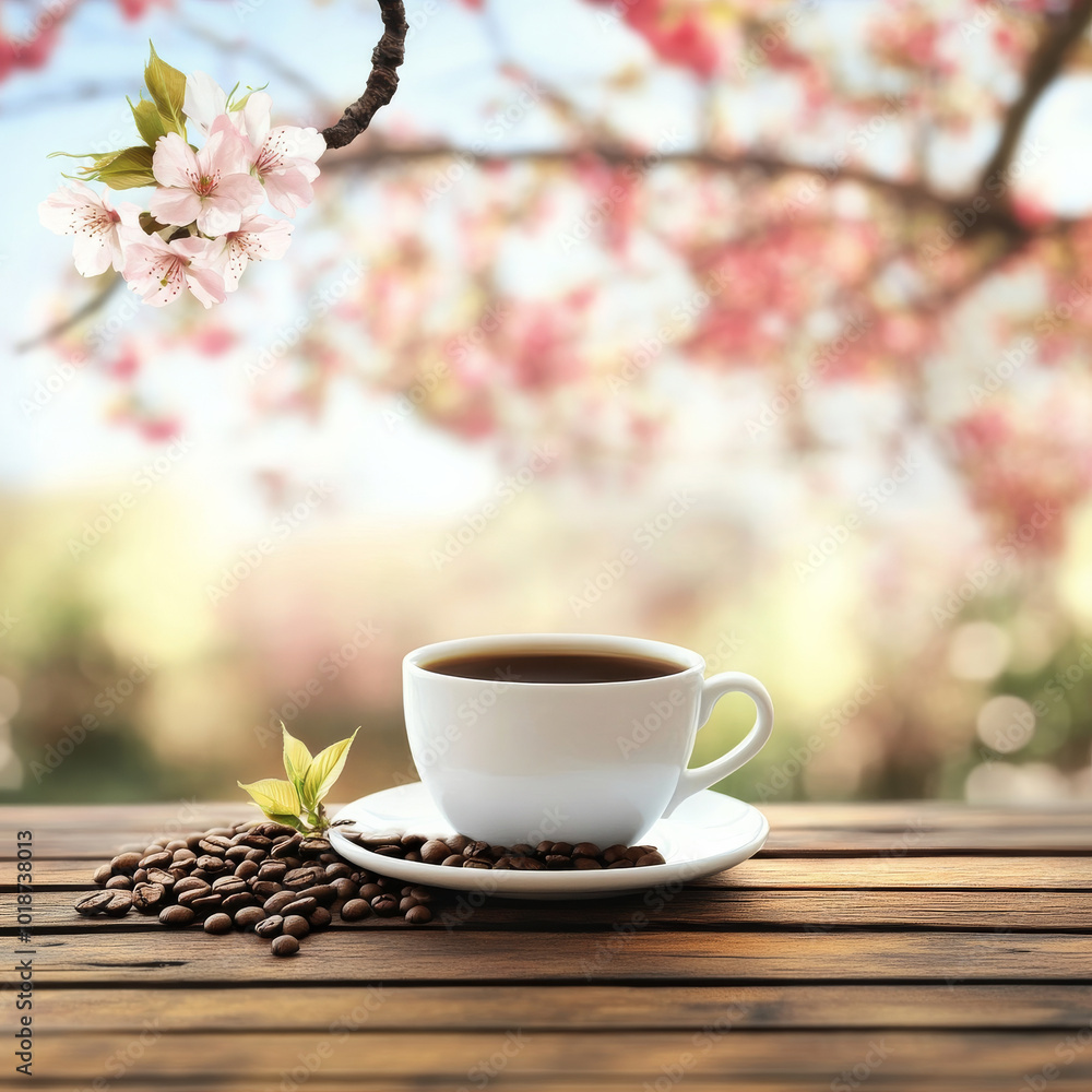 serene coffee cup sits on wooden table surrounded by coffee beans, with beautiful cherry blossoms in background, creating tranquil and inviting atmosphere serene coffee cup sits on wooden table surrounded by coffee beans, with beautiful cherry blossoms in background, creating tranquil and inviting atmosphere