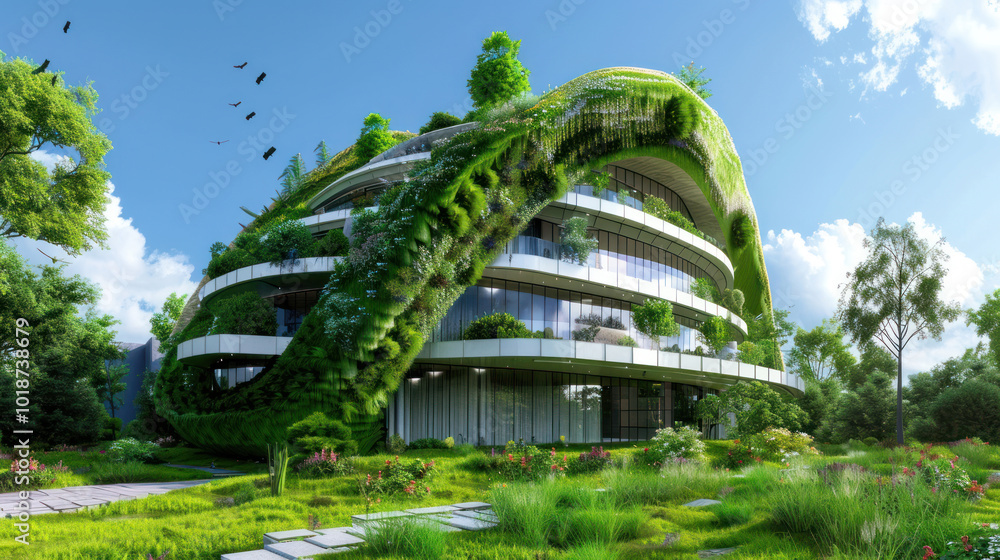 Fototapeta premium A futuristic green building featuring sustainable technologies and designs that achieve the highest levels of green certification