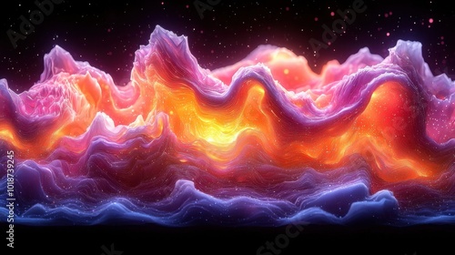 Colorful digital abstract landscape with vibrant waves and cosmic elements reflecting light in a mesmerizing display