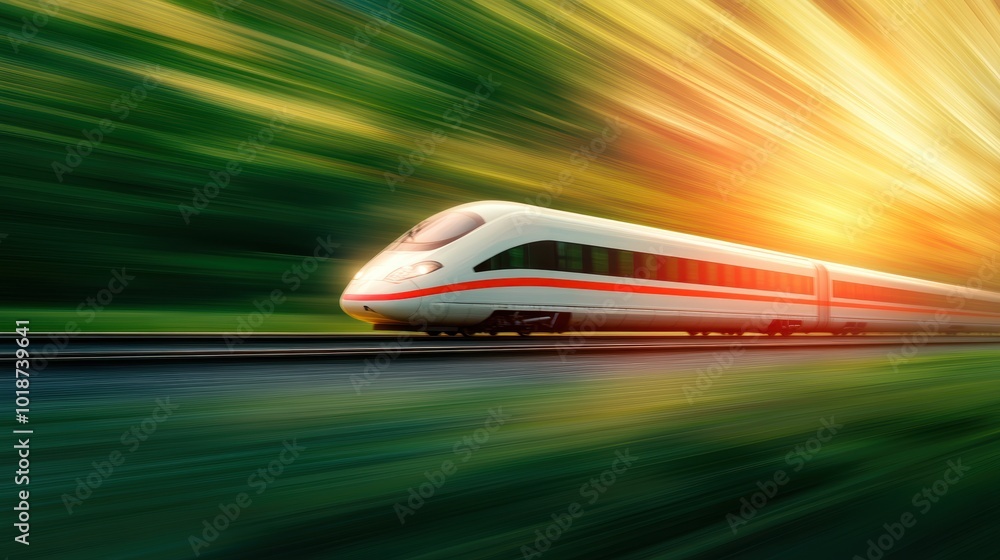 Obraz premium A high speed train hurtling through the countryside, leaving a blur of motion behind.