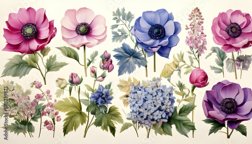 set of flowers, anemones, hydrangea, vegaila, lilac, watercolor botanical illustration ready to bring joy to any space , cartoon drawing, water color style photo