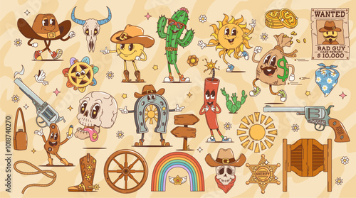 Cartoon Wild West retro groovy characters, western cowboy, sheriff and robber, vector funny personages. 70s hippie art and funky groovy characters, skull, Texas saloon and cowboy gun with dynamite