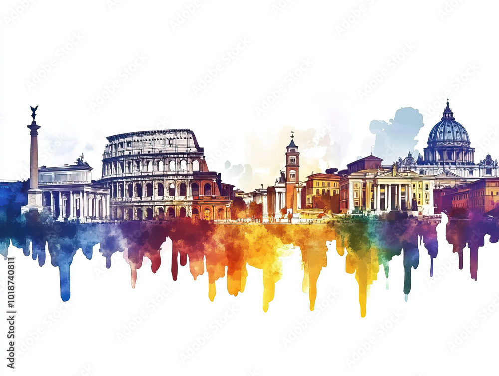 Obraz premium Rome, Italy, color wood block print effect. Woodblock printing. Graphic designed, illustration for travel poster, card, wallpaper, backdrop or banner. Modern, clear, artistic and simple