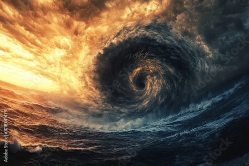 Cyclone. Super Typhoon and Tornado Over Ocean with Stormy Weather Background