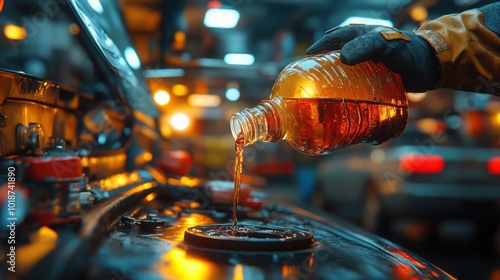 Mechanic Pouring Brake Fluid into Car Reservoir for Vehicle Maintenance photo