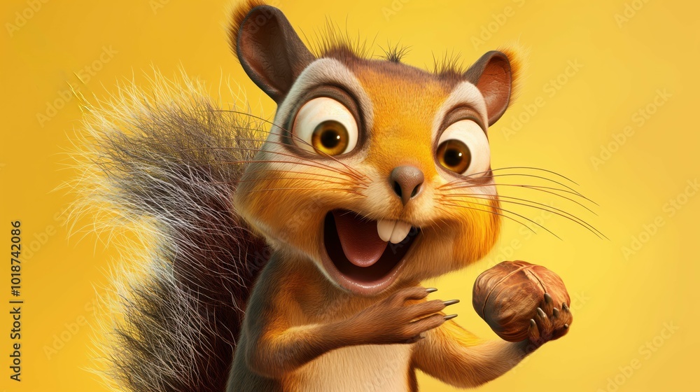 A cute cartoon squirrel with wide eyes and a smile, excitedly holding a nut, radiating joy and animation. A cute cartoon squirrel with wide eyes and a smile, excitedly holding a nut, radiating joy and animation.