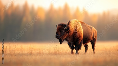 A solitary bison stands majestically in a sunlit golden field, surrounded by soft light and distant trees, evoking a sense of strength and freedom in nature. photo