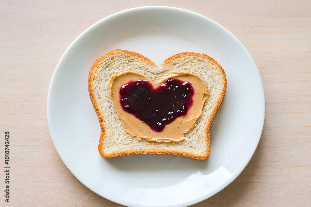 Peanut Butter and Jelly with Peanut Butter and Jelly on Slices of Bread; Heart Jelly on Peanut Butter Bread