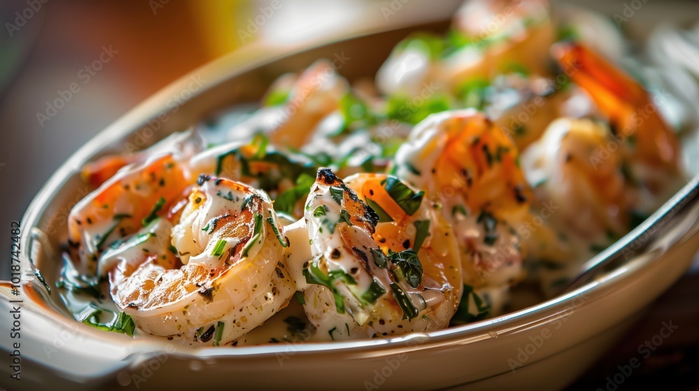 Tender grilled shrimp covered in creamy garlic sauce, garnished with fresh green herbs. Tender grilled shrimp covered in creamy garlic sauce, garnished with fresh green herbs.