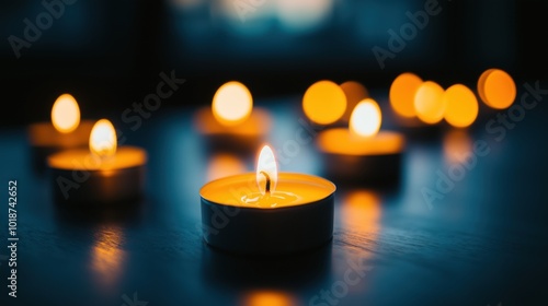 A cozy scene with warm candlelight casting soft glows on a wooden surface, enhancing a tranquil atmosphere.