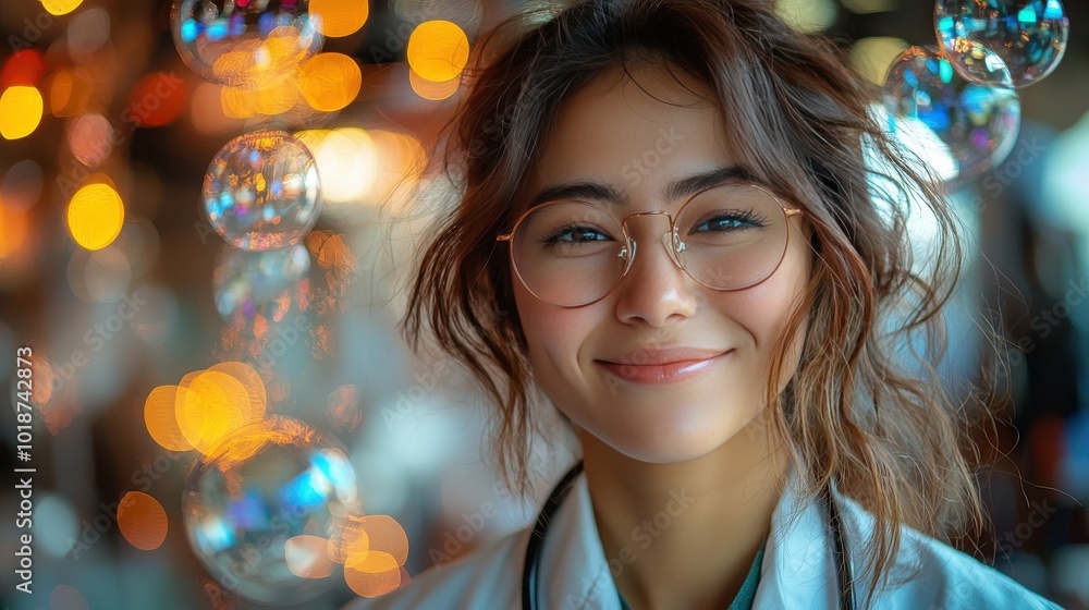 Smiling young woman with glasses surrounded by colorful bubbles and warm lights in a cozy indoor setting Smiling young woman with glasses surrounded by colorful bubbles and warm lights in a cozy indoor setting