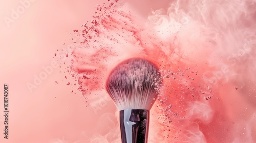 A makeup brush disperses vibrant pink powder elegantly, captivating motion and beauty.