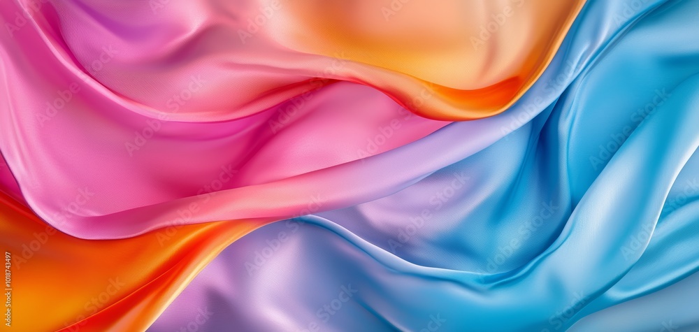 Obraz premium Abstract flowing fabric with vibrant hues of pink, blue, and orange, silky texture and soft lighting, perfect for artistic backgrounds, fashion designs, or dynamic visual art
