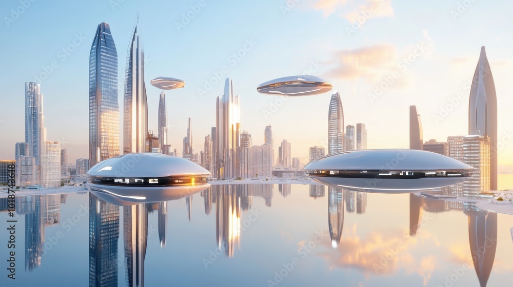 Naklejka premium Futuristic Cityscape with Hovering Vehicles at Sunset