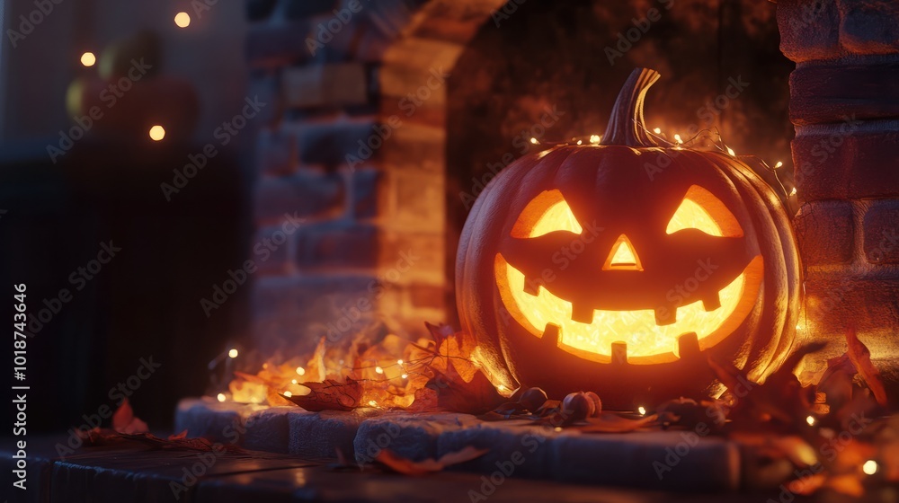 A cheerful smiling Jack O Lantern on halloween placed on a fireplace with fairy lights A cheerful smiling Jack O Lantern on halloween placed on a fireplace with fairy lights