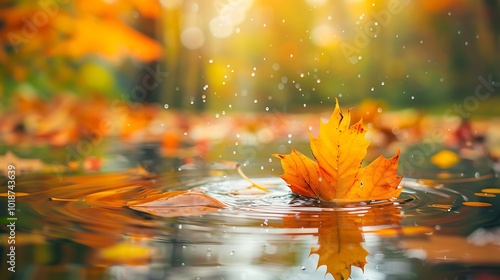 Autumn maple leaves on the water surface with bokeh background