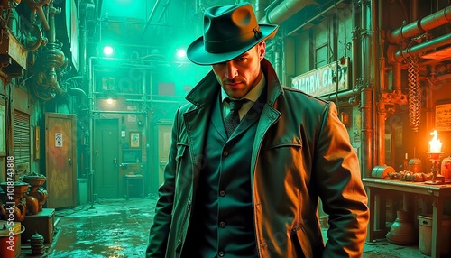 Stylish detective in a dark alley wearing a fedora and leather coat, illuminated by neon lights
