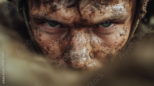 A close-up of a muddy face with determined, penetrating eyes conveying a powerful sense of purpose and resilience, highlighting earthy textures and rugged perseverance. photo