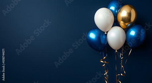 Holiday illustration of balloons with golden ribbon on dark navy background. Happy birthday celebration party banner template design with copy space