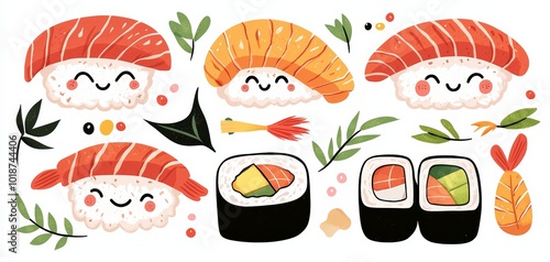 Adorable sushi and bento box characters in kawaii style, featuring smiling faces and bright colors, perfect for Japanese food-themed products or playful branding photo