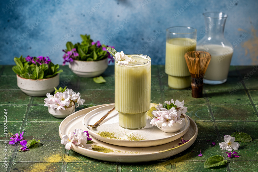 Iced matcha latte drink being prepared with matcha powder and milk Iced matcha latte drink being prepared with matcha powder and milk