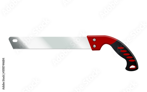 A hand saw depicted with a red handle and silver blade on a plain background. Vector illustration