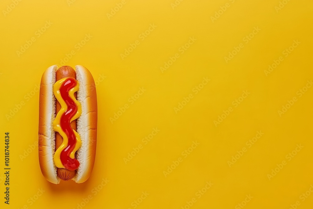 Appetizing hot dog with bright red ketchup and yellow mustard, simple and classic presentation, ideal for food-related websites and advertising materials Appetizing hot dog with bright red ketchup and yellow mustard, simple and classic presentation, ideal for food-related websites and advertising materials
