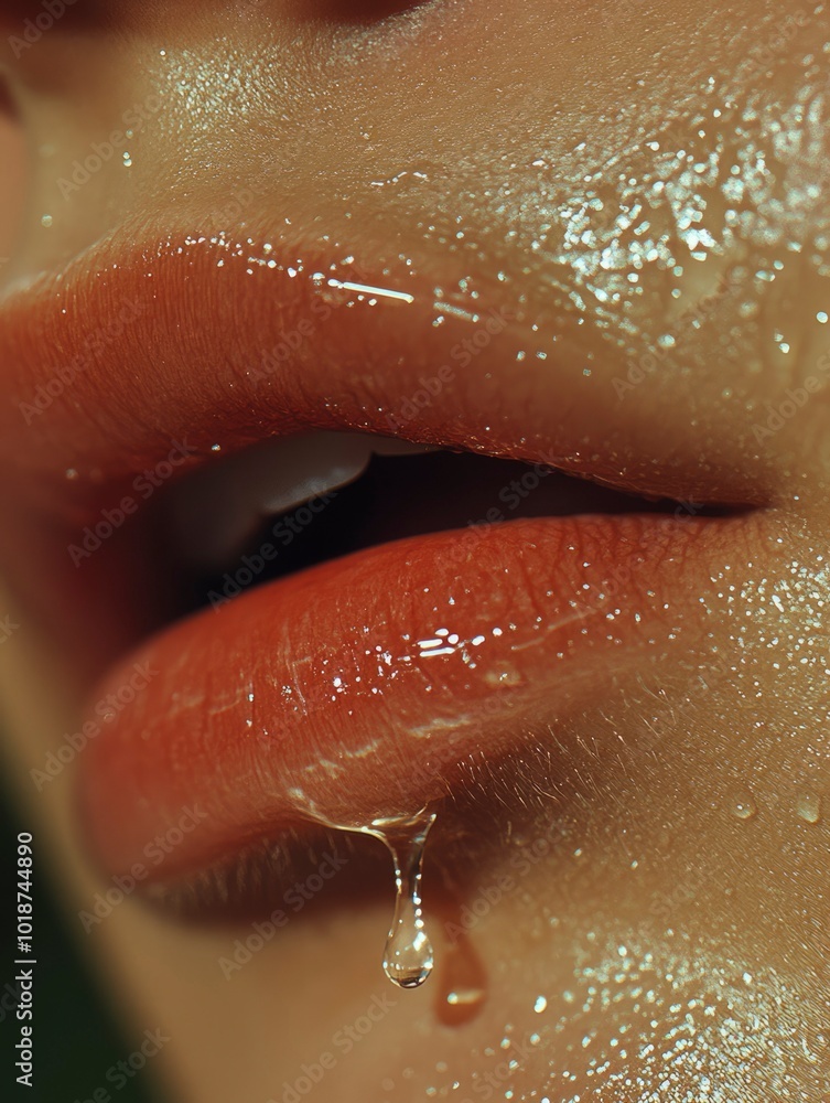 Fototapeta premium Close-up of a Wet Lip with a Droplet Hanging