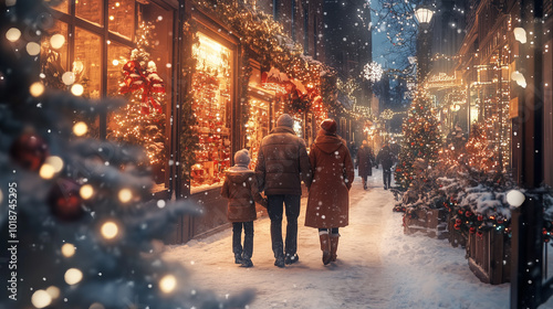 Christmas city scene. Family walking holding hands on cozy street with Christmas lights, as snow gently falls, creating a warm and magical holiday atmosphere. Image made using Generative AI.