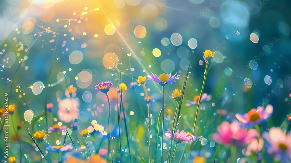 Beautiful meadow with daisies and bokeh lights Beautiful meadow with daisies and bokeh lights
