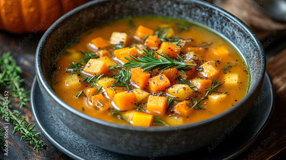 A bowl of creamy pumpkin soup served with crispy croutons and garnished with fresh rosemary on top, placed on a rustic wooden table. This delicious and warm dish represents a perfect autumn meal, comb A bowl of creamy pumpkin soup served with crispy croutons and garnished with fresh rosemary on top, placed on a rustic wooden table. This delicious and warm dish represents a perfect autumn meal, comb