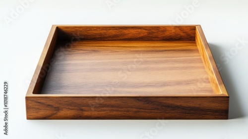 A high-quality, empty wooden tray placed on a bright white background. 