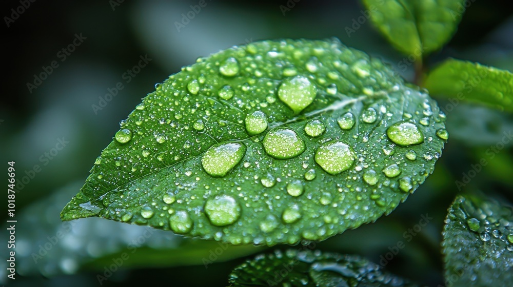 Fresh green leaf adorned with water droplets in a lush garden after a gentle rain shower on a sunny day Fresh green leaf adorned with water droplets in a lush garden after a gentle rain shower on a sunny day