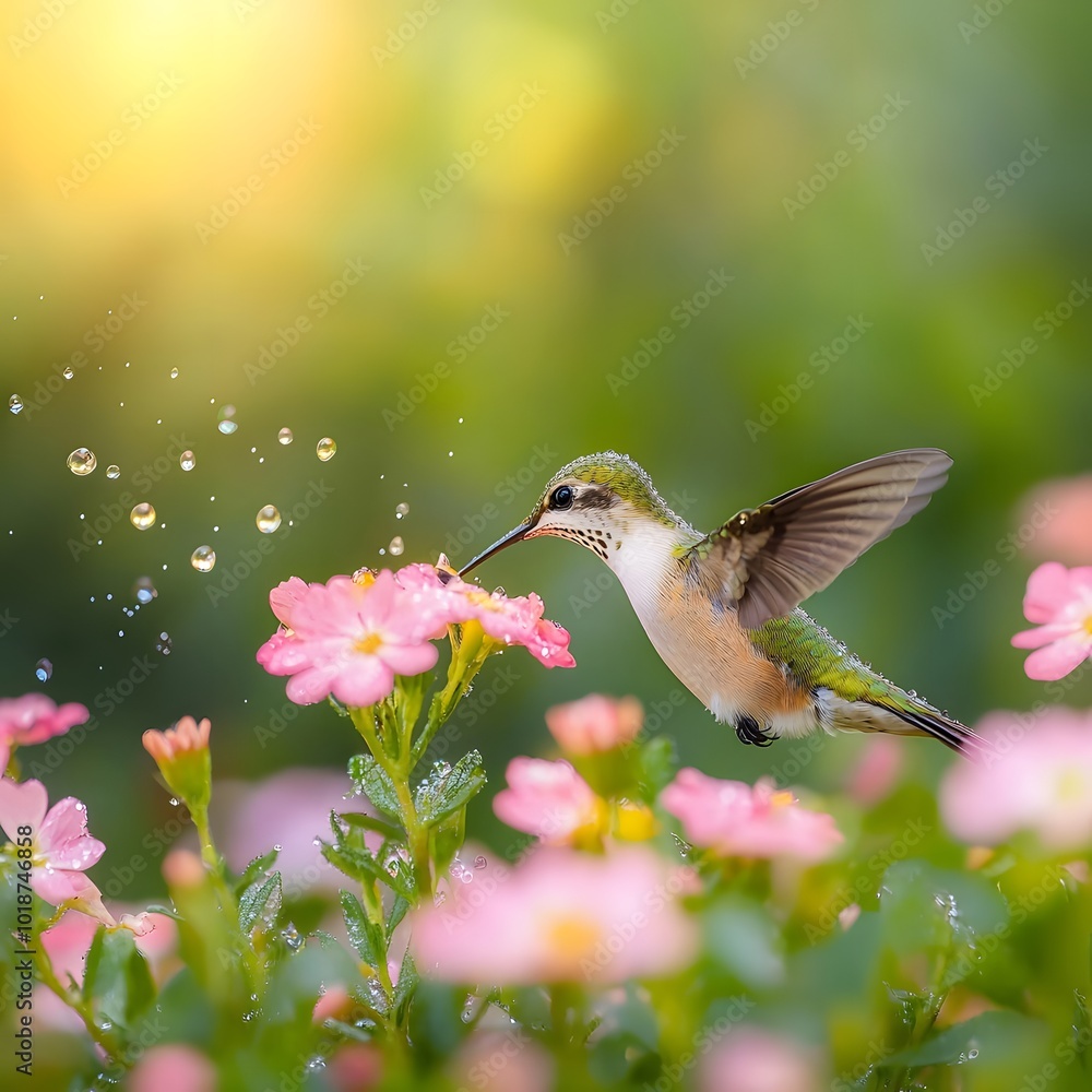 Vibrant Hummingbird Sipping Nectar in Blooming Garden Vibrant Hummingbird Sipping Nectar in Blooming Garden