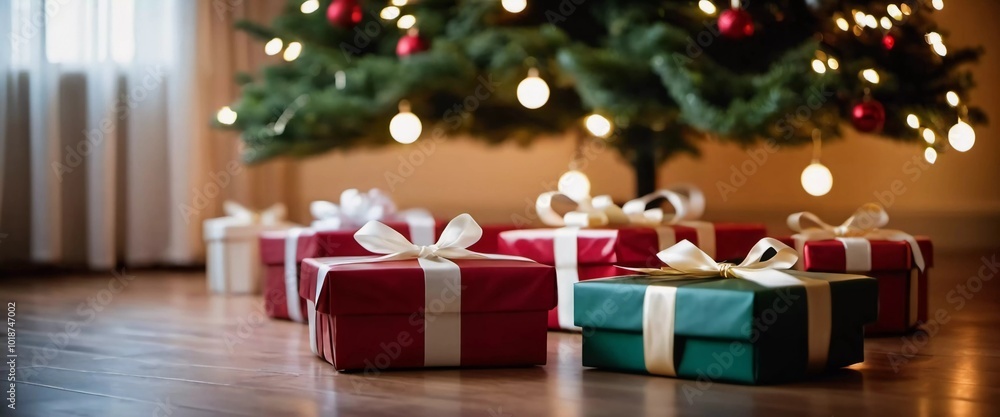 Obraz premium A cozy living room adorned with a festive Christmas tree, decorated with sparkling lights and colorful baubles, surrounded by a variety of thoughtfully wrapped gift boxes waiting to be opened. AI art