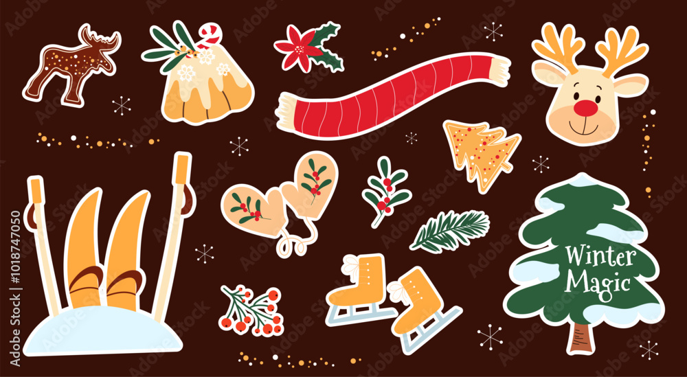 Colourful winter hand drawn stickers. Christmas vector illustration set. Colourful winter hand drawn stickers. Christmas vector illustration set.