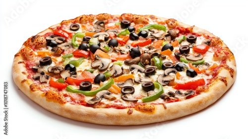 Classic Italian-style pizza topped with bell peppers, olives, and mushrooms, clean white background, ideal for food-related websites and social media ads