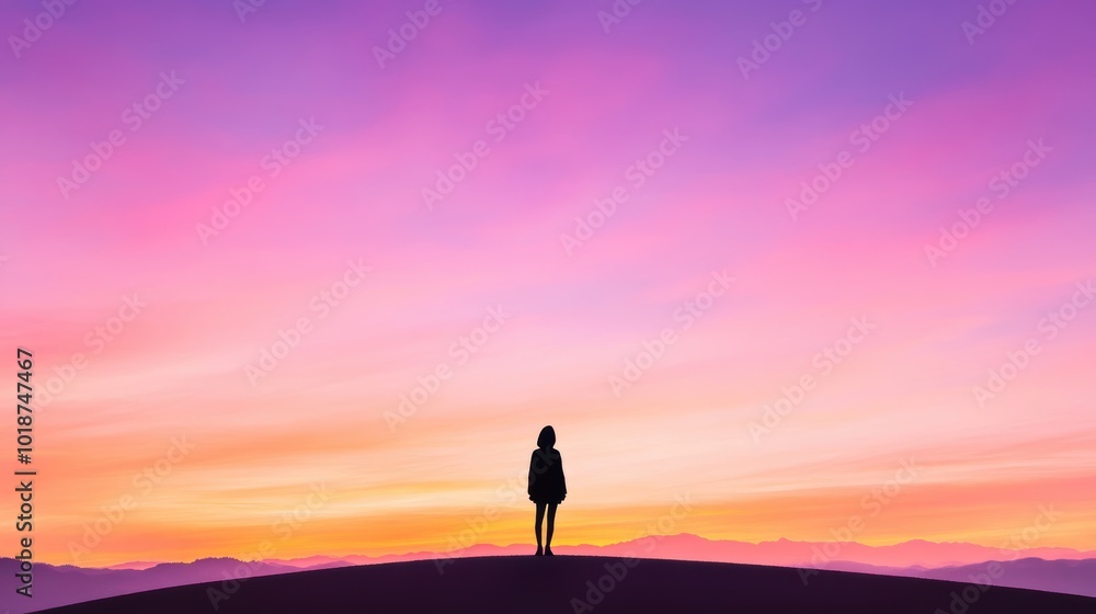 Φωτογραφία A solitary figure silhouetted against a vibrant orange and purple sky, the soft glow of twilight illuminating the horizon