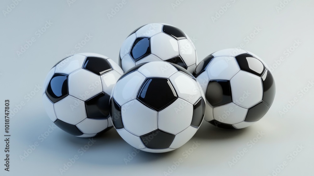 Four classic black and white soccer balls stacked on a white background. Four classic black and white soccer balls stacked on a white background.