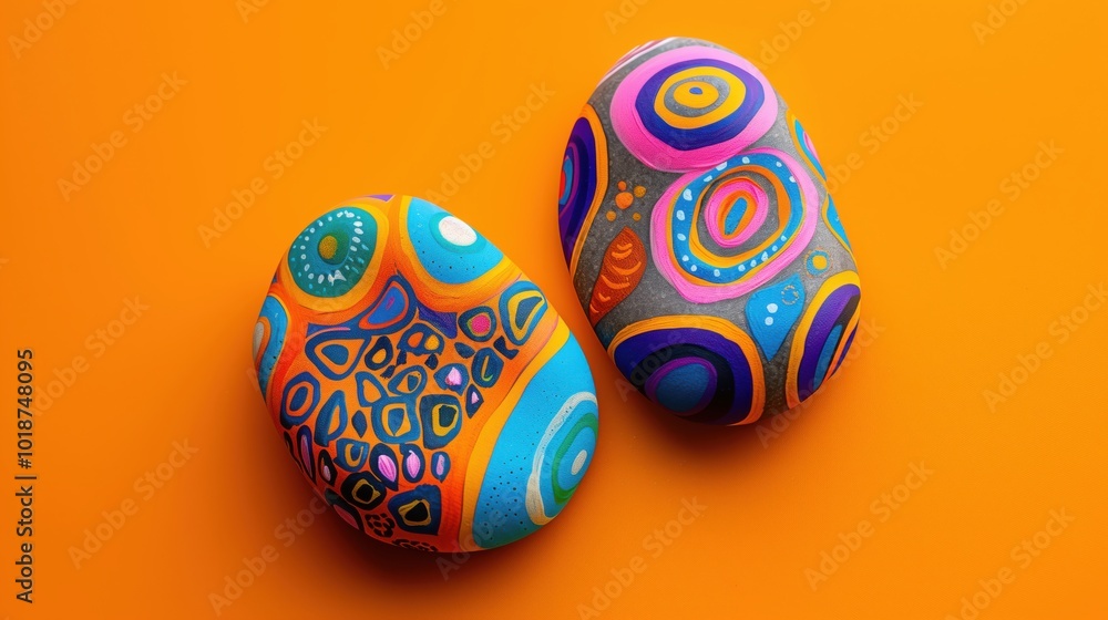 Two stones adorned with intricate circles and bold colors sit on a bold orange surface, evoking dynamic energy. Two stones adorned with intricate circles and bold colors sit on a bold orange surface, evoking dynamic energy.